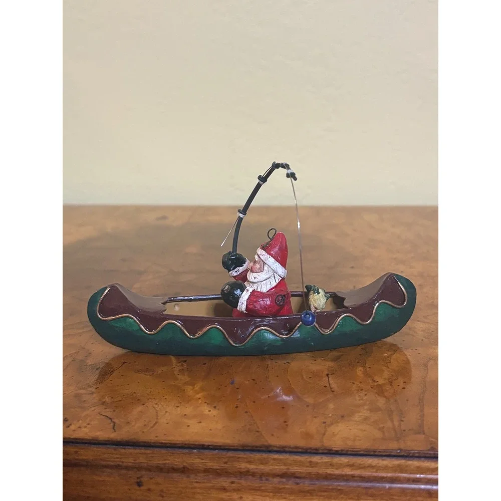 Vintage Santa in Canoe Fishing Figurine Christmas Holiday Decor Rustic Cabin